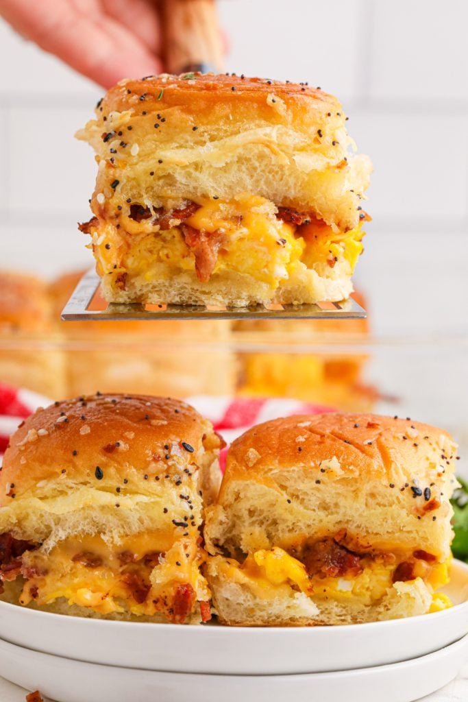 Bacon Egg Breakfast Sliders and one on a spatula 