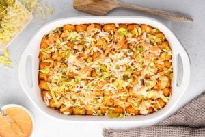 Big Mac Tater Tot Casserole in a baking dish