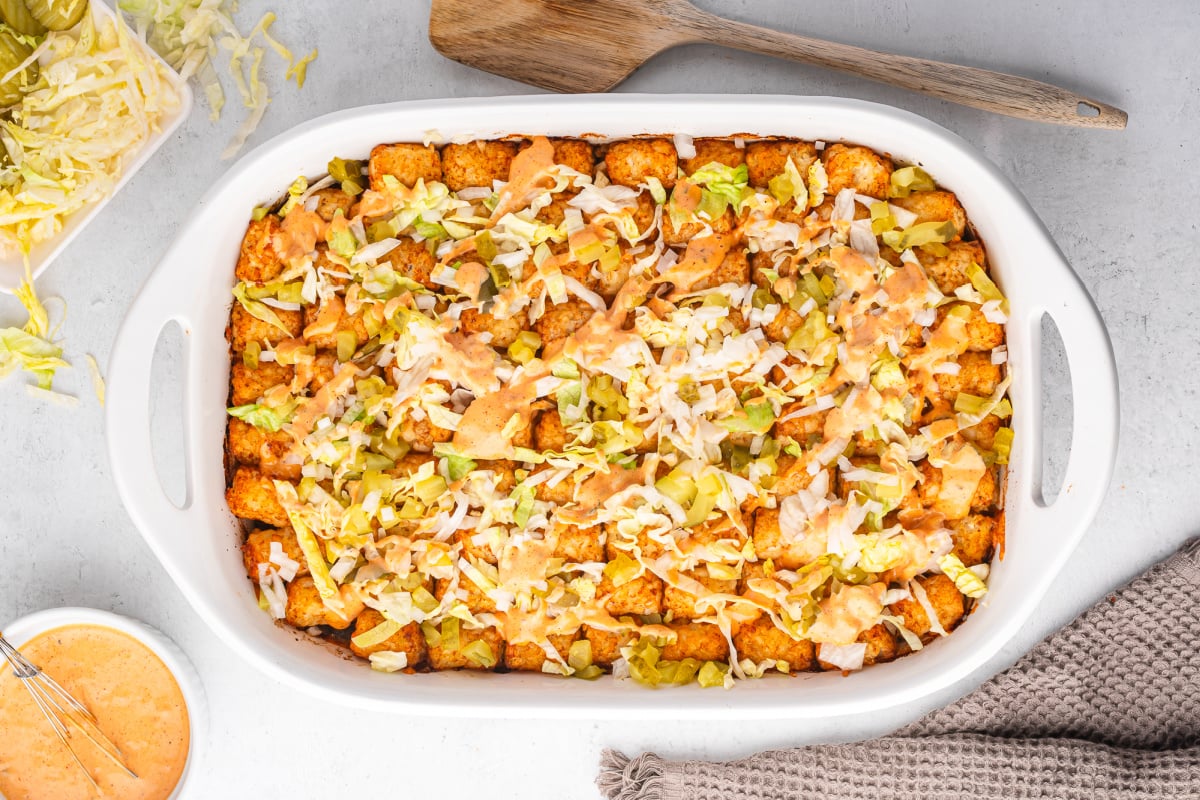Big Mac Tater Tot Casserole in a baking dish