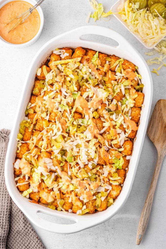 Big Mac Tater Tot Casserole in a baking dish