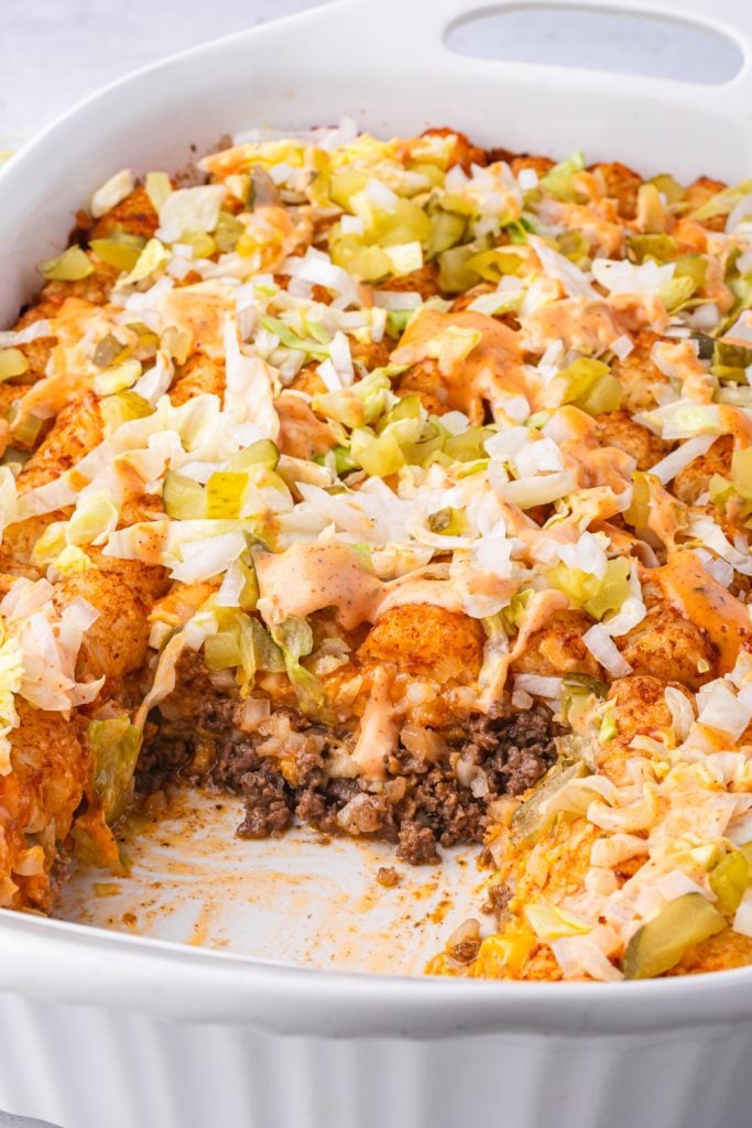 Big Mac Tater Tot Casserole in a baking dish