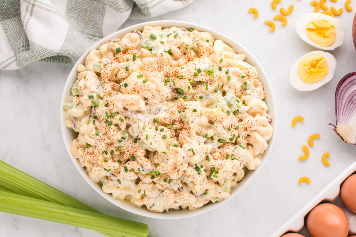 Deviled Egg Pasta Salad in a bowl