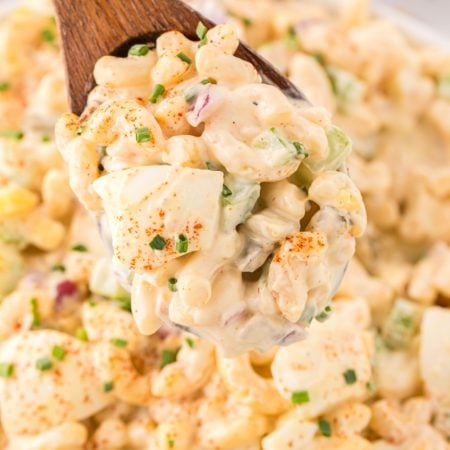 Deviled Egg Pasta Salad in a bowl