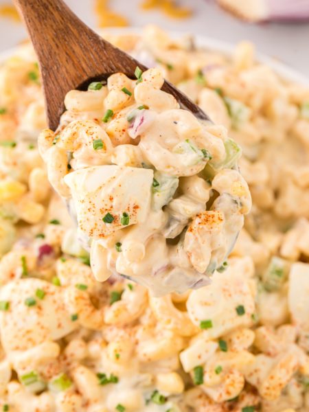 Deviled Egg Pasta Salad in a bowl