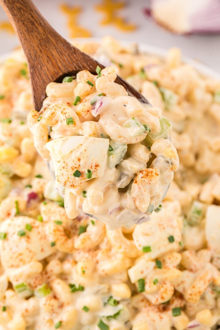 Deviled Egg Pasta Salad in a bowl