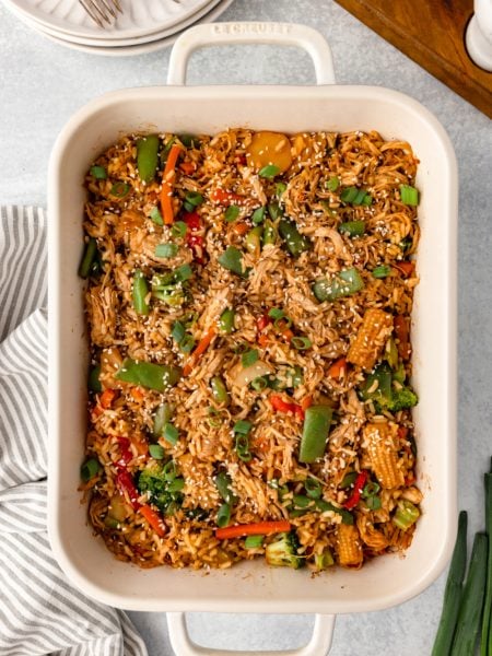 Easy Teriyaki Chicken Casserole in a baking dish