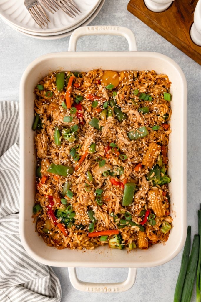 Easy Teriyaki Chicken Casserole in a baking dish