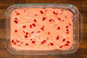 cake batter placed in to a 9 X 13 baking dish