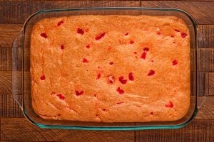 cooked cake in baking pan