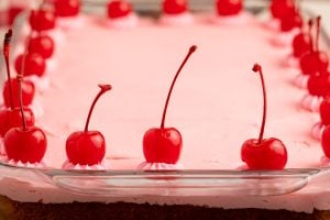 Moist cherry chip cake with cherries on top