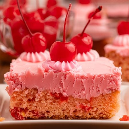 Piece of Moist cherry chip cake on a plate