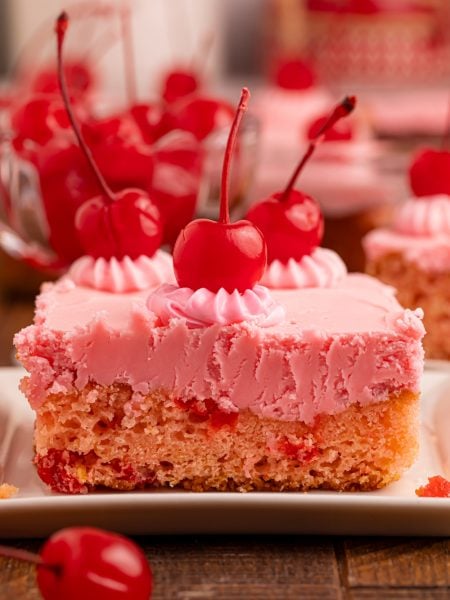 Piece of Moist cherry chip cake on a plate