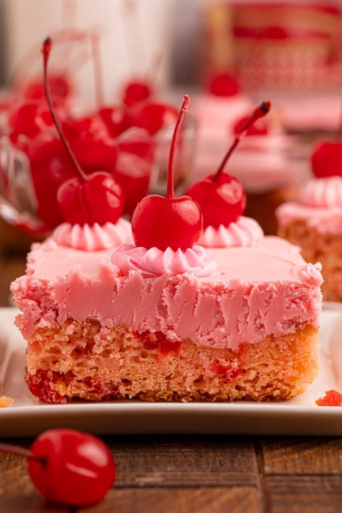 Piece of Moist cherry chip cake on a plate