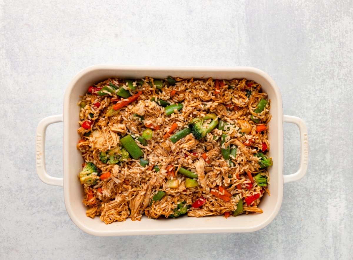 Teriyaki Chicken Casserole in a baking dish