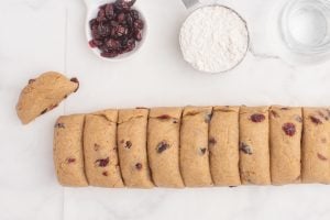 dough rolled into a log and cut into 10 sections