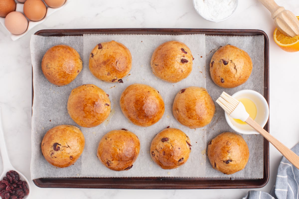backed buns on baking sheet