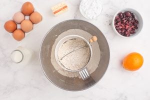dry ingredients in sifter and bowl