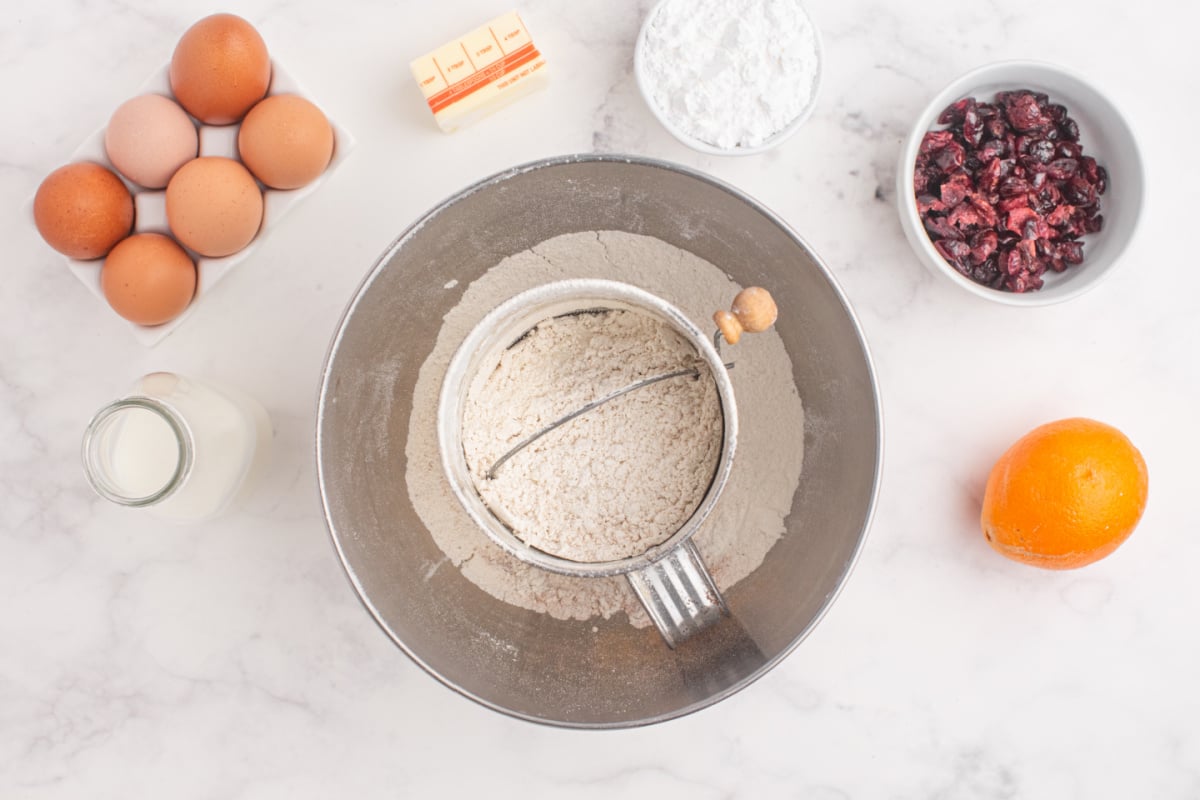 dry ingredients in sifter and bowl