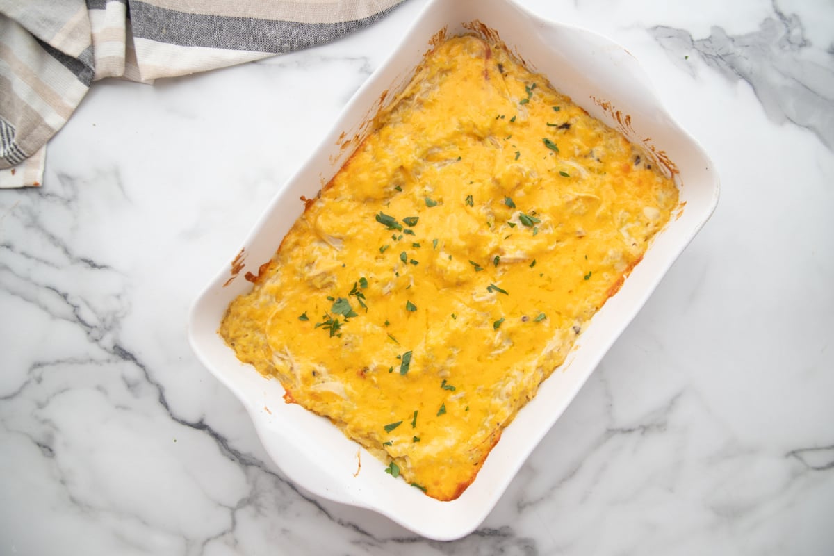 Cheesy Chicken Casserole in a baking dish