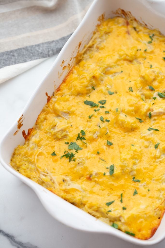 Cheesy Chicken Casserole in a baking dish