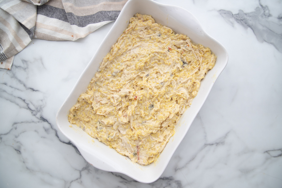 chicken mixture in a baking pan