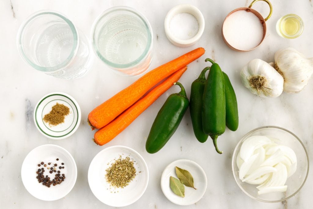 Taqueria style marinated jalapeno and carrot ingredients