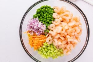ingredients for Mermaid Shrimp Pasta Salad in a bowl