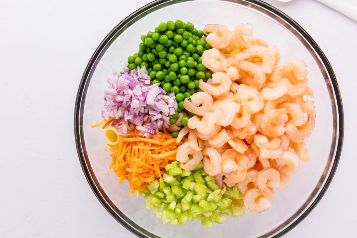 ingredients for Mermaid Shrimp Pasta Salad in a bowl