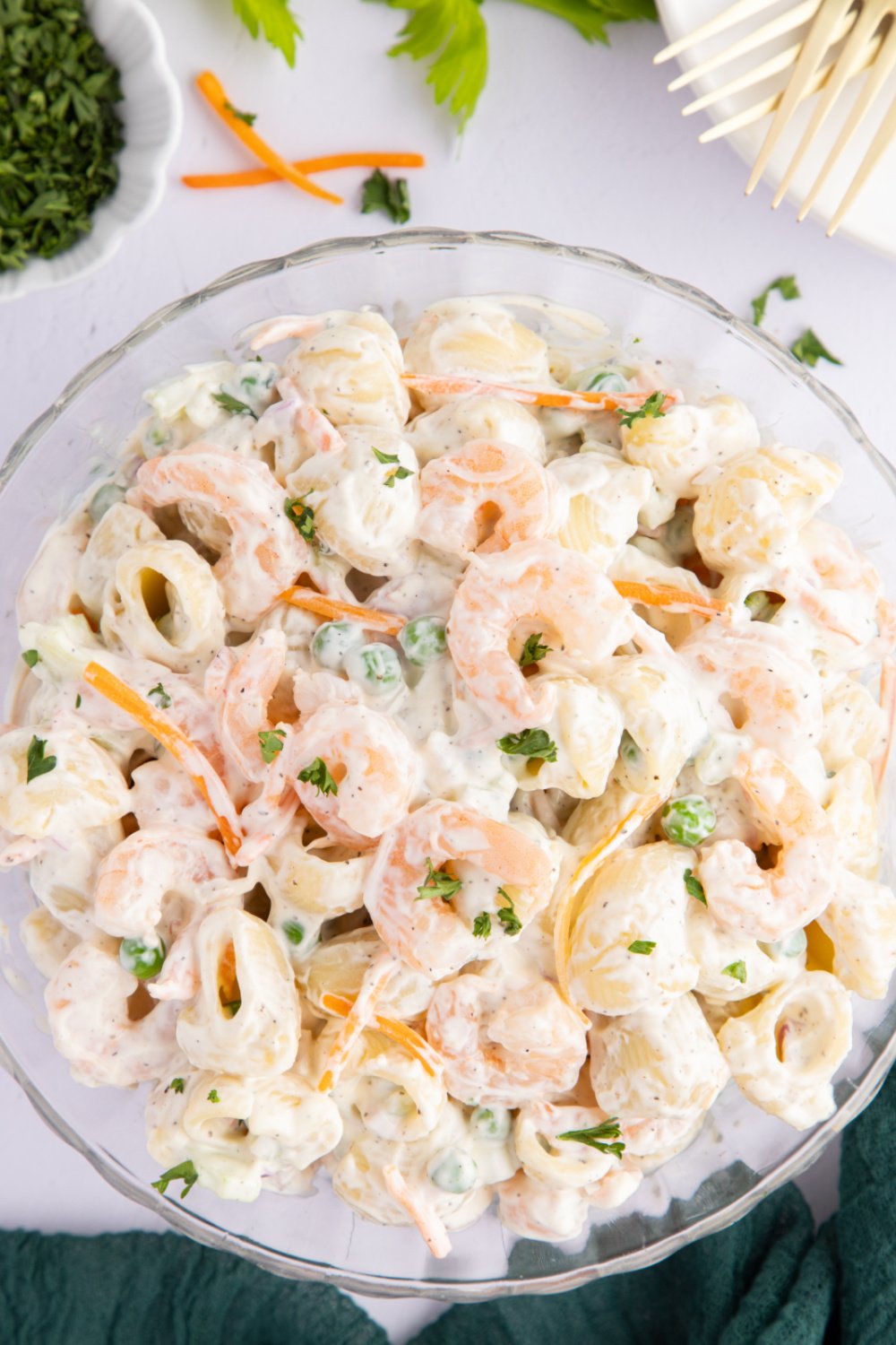 Mermaid Shrimp Pasta Salad in a bowl