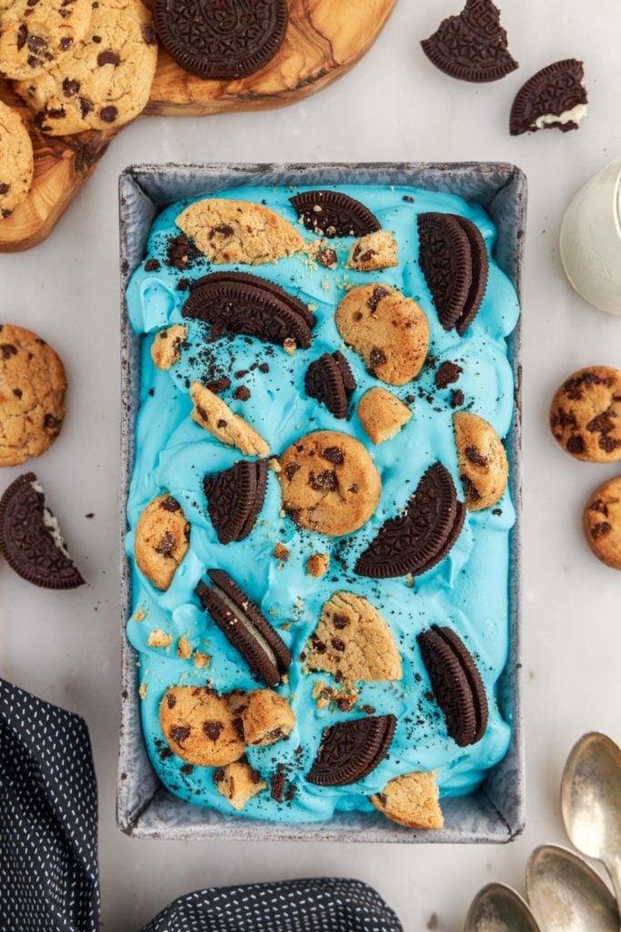 No Churn Cookie Monster Ice Cream in a loaf pan