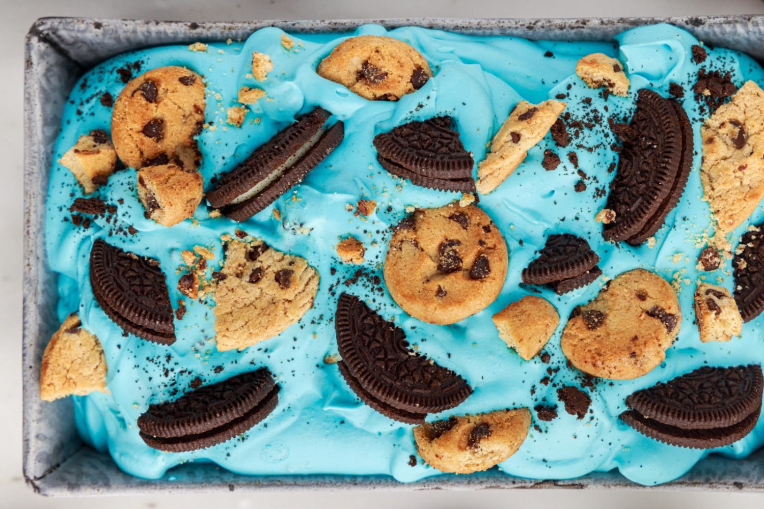 No Churn Cookie Monster Ice Cream in a cake pan