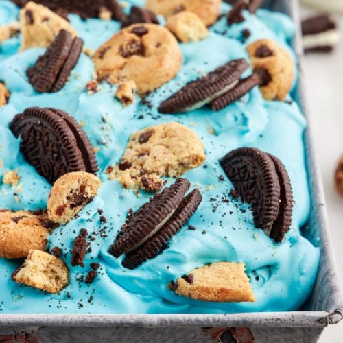 No Churn Cookie Monster Ice Cream in a loaf pan