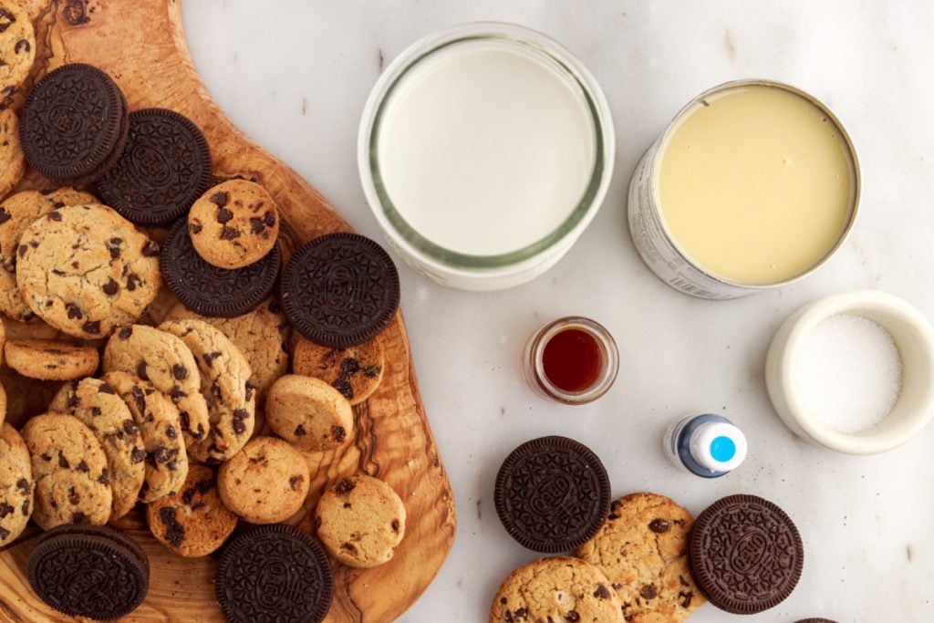 ingredients for No Churn Cookie Monster Ice Cream