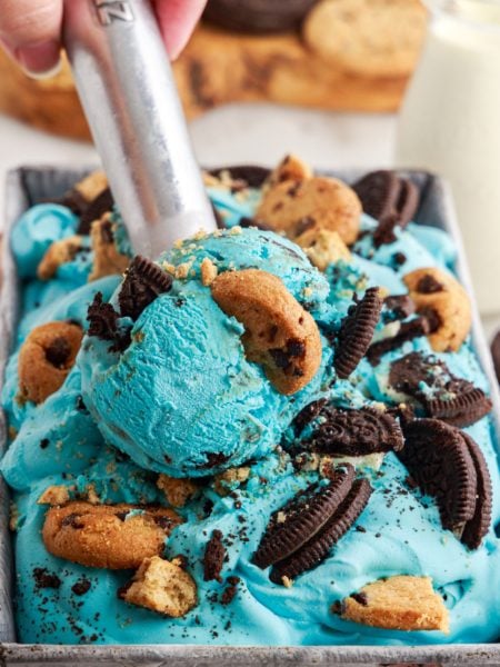 ice cream scoop, scooping up some No Churn Cookie Monster Ice Cream