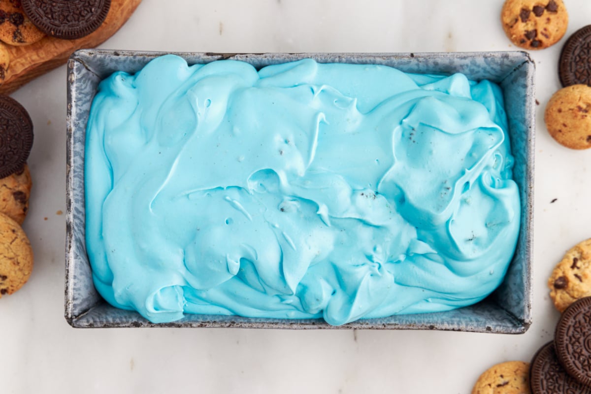 No Churn Cookie Monster Ice Cream in a pan