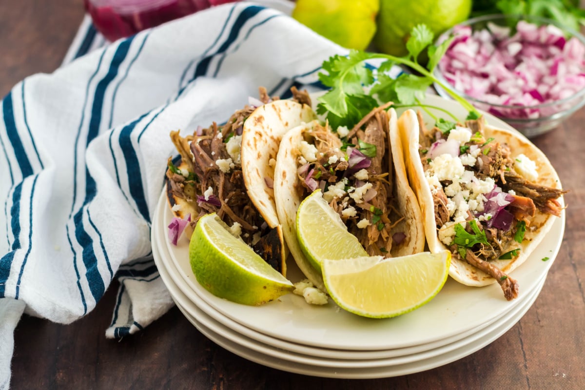 Slow Cooker Barbacoa Beef tacos on a plate