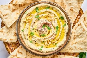 Air Fryer Baba Ganoush in a bowl with pita bread pieces