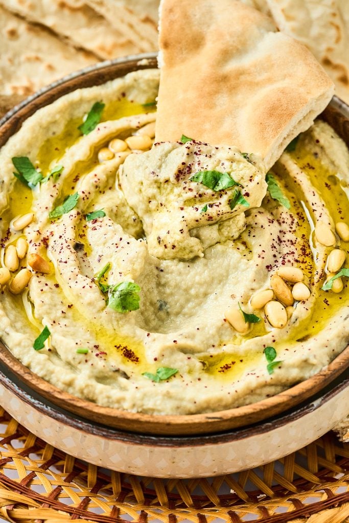 Air Fryer Baba Ganoush in a bowl with pita 