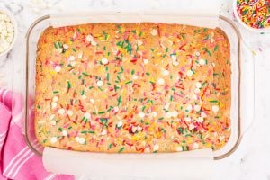 cooked Birthday Cake Blondies in a pan