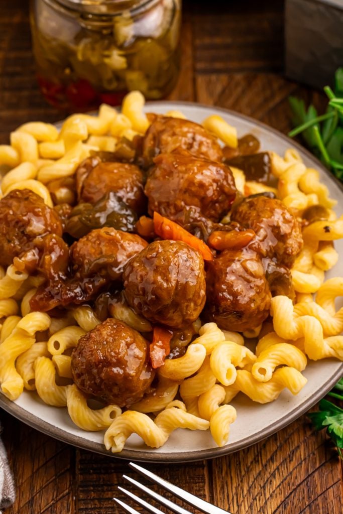 Slow Cooker Chicago Style Meatballs served over pasta