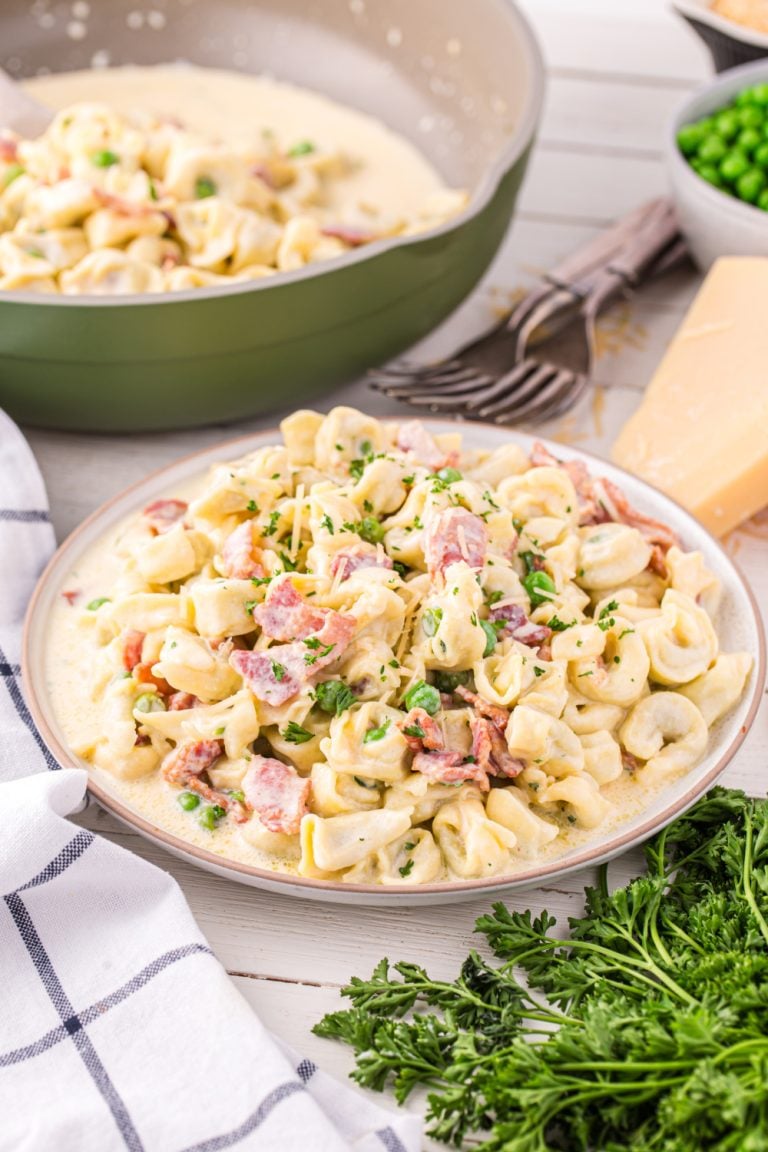 Tortellini Carbonara on a plate