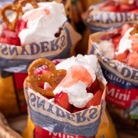 Walking Strawberry Pretzel Salad Desserts in a serving basket