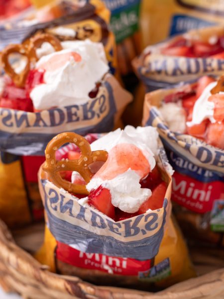 Walking Strawberry Pretzel Salad Desserts in a serving basket