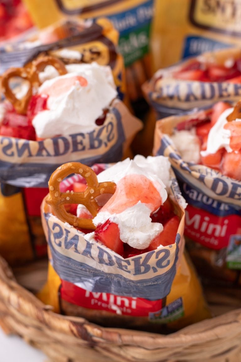 Walking Strawberry Pretzel Salad Desserts in a serving basket