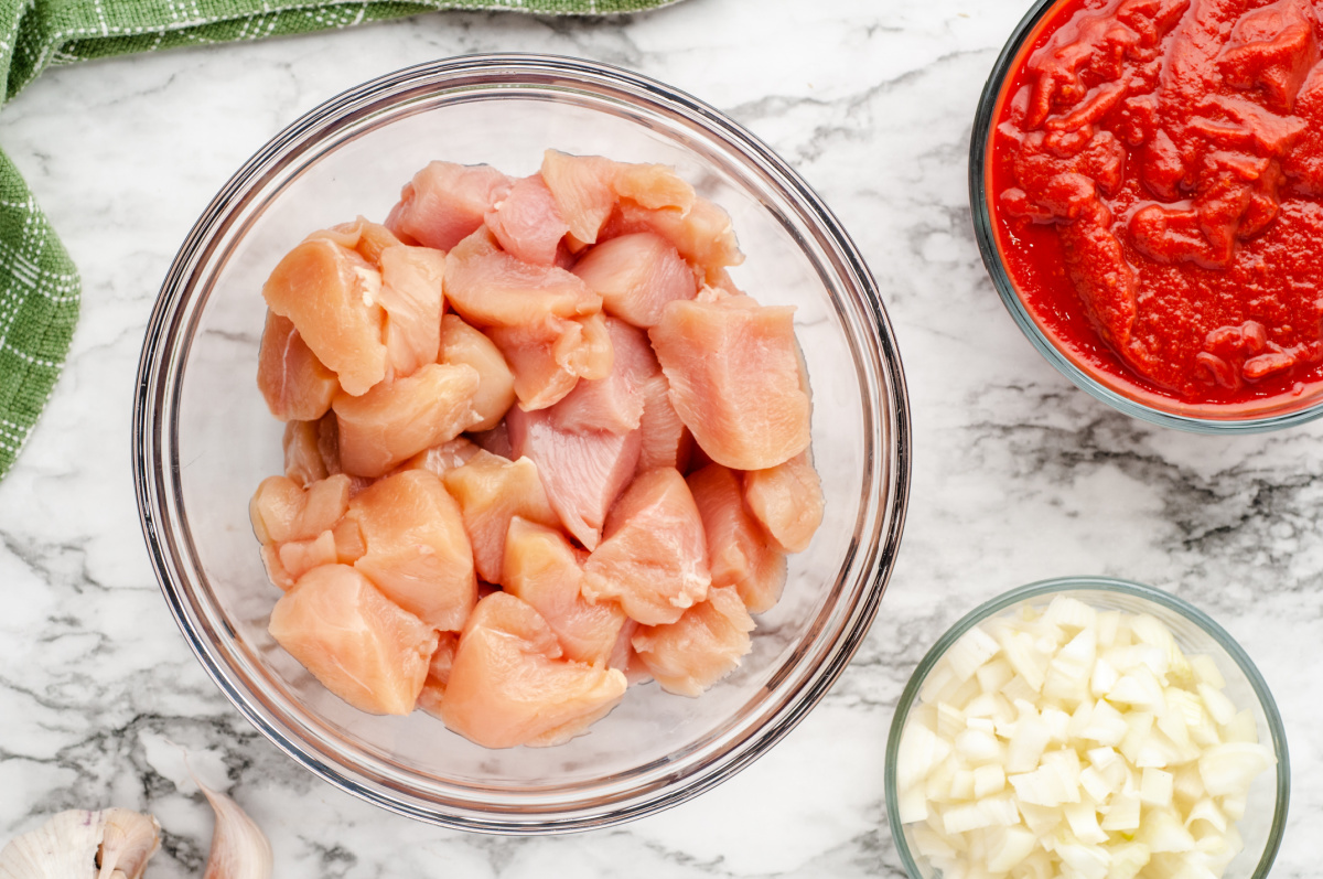 Chicken diced in a bowl