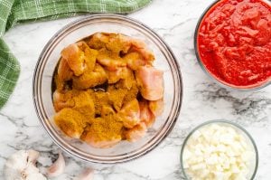 curry powder added to bowl with chicken