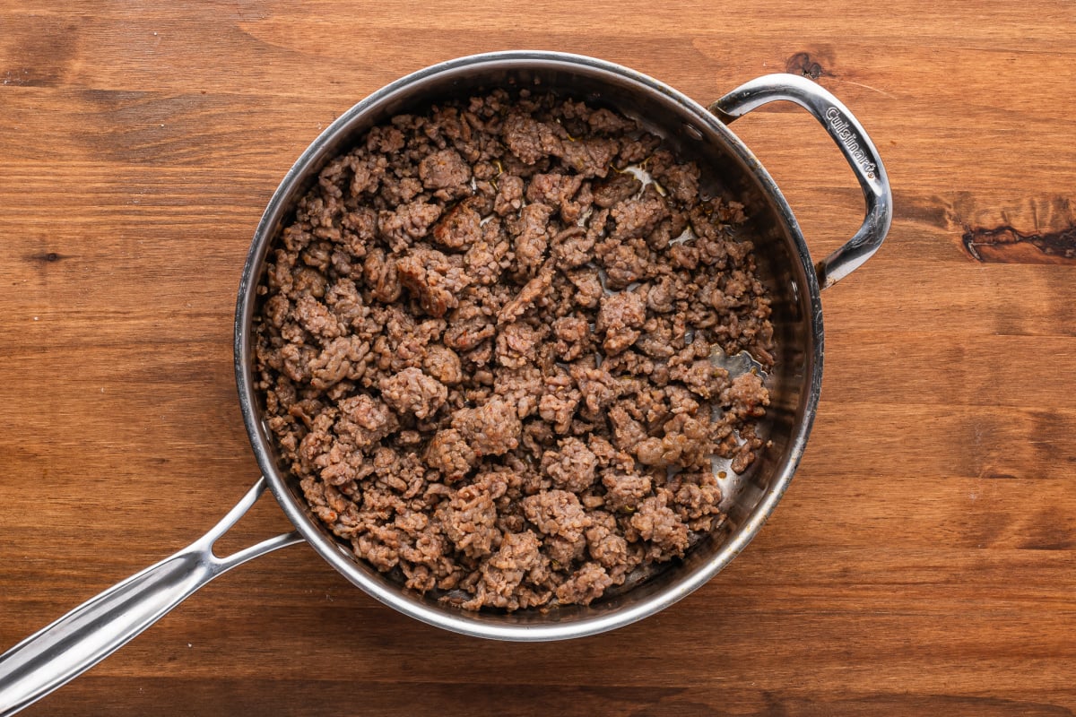 Brown beef in a frying pan