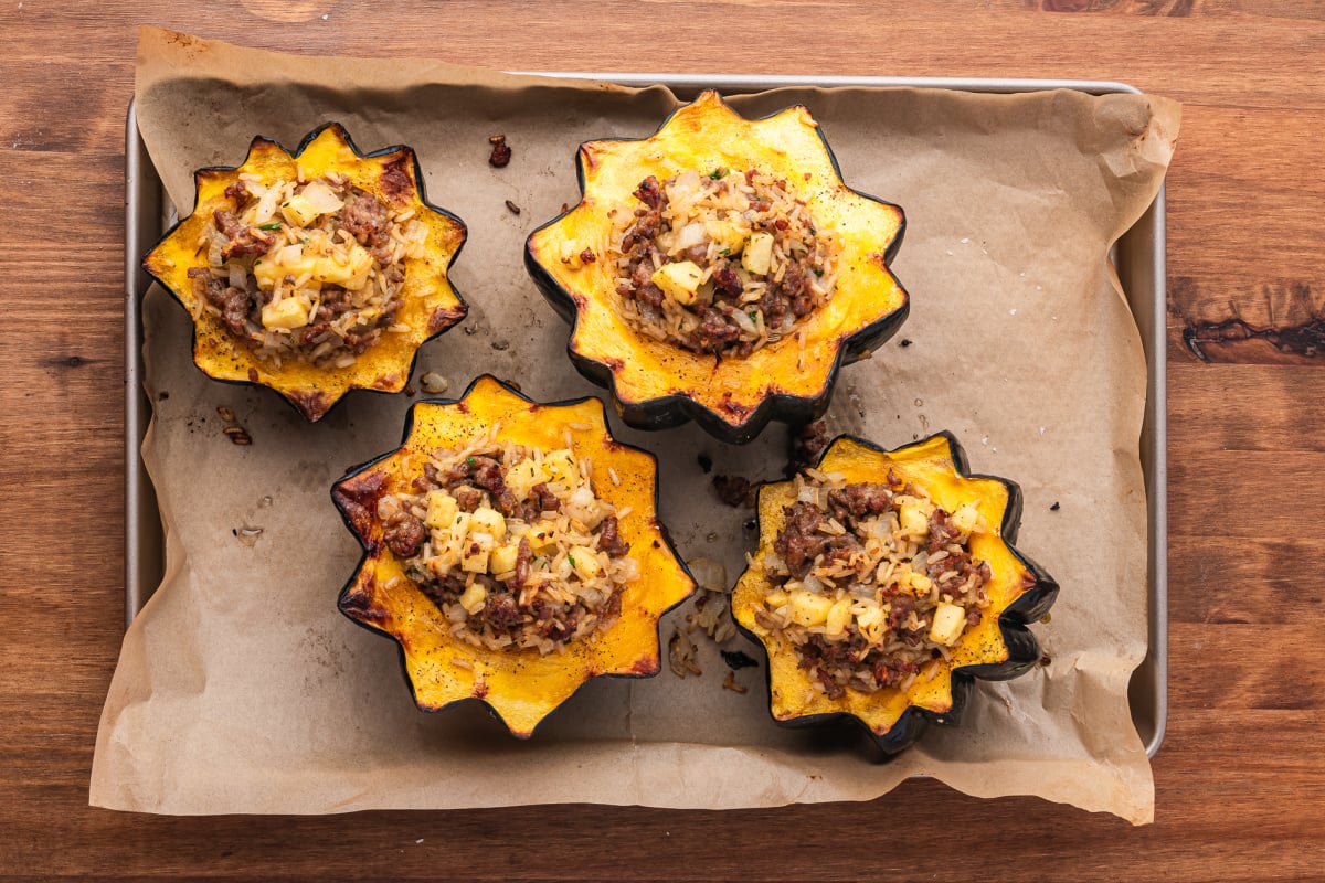 Sausage stuffed in cooked pumpkin