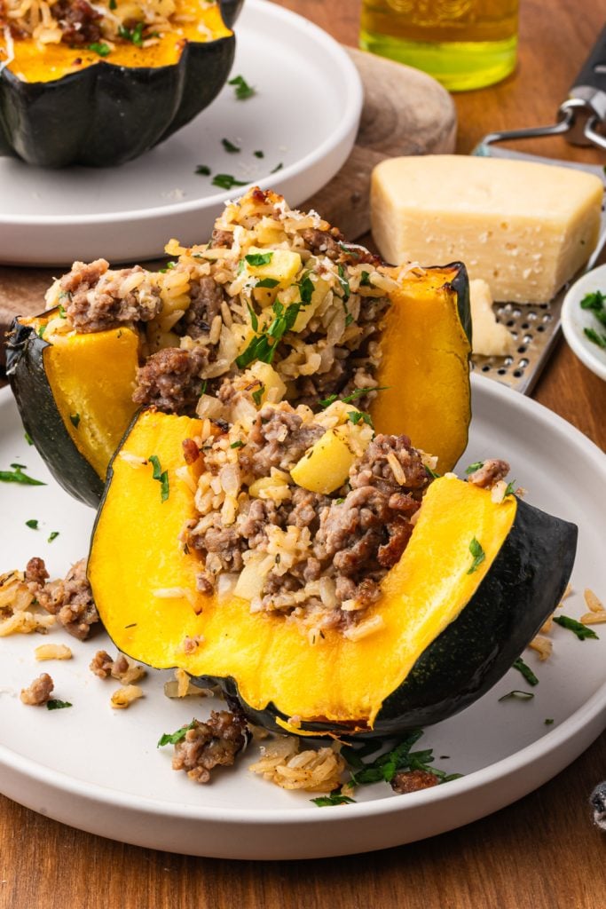 Sausage Stuffed Acorn Squash on a plate