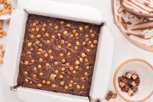 caramel bits added to top of brownies
